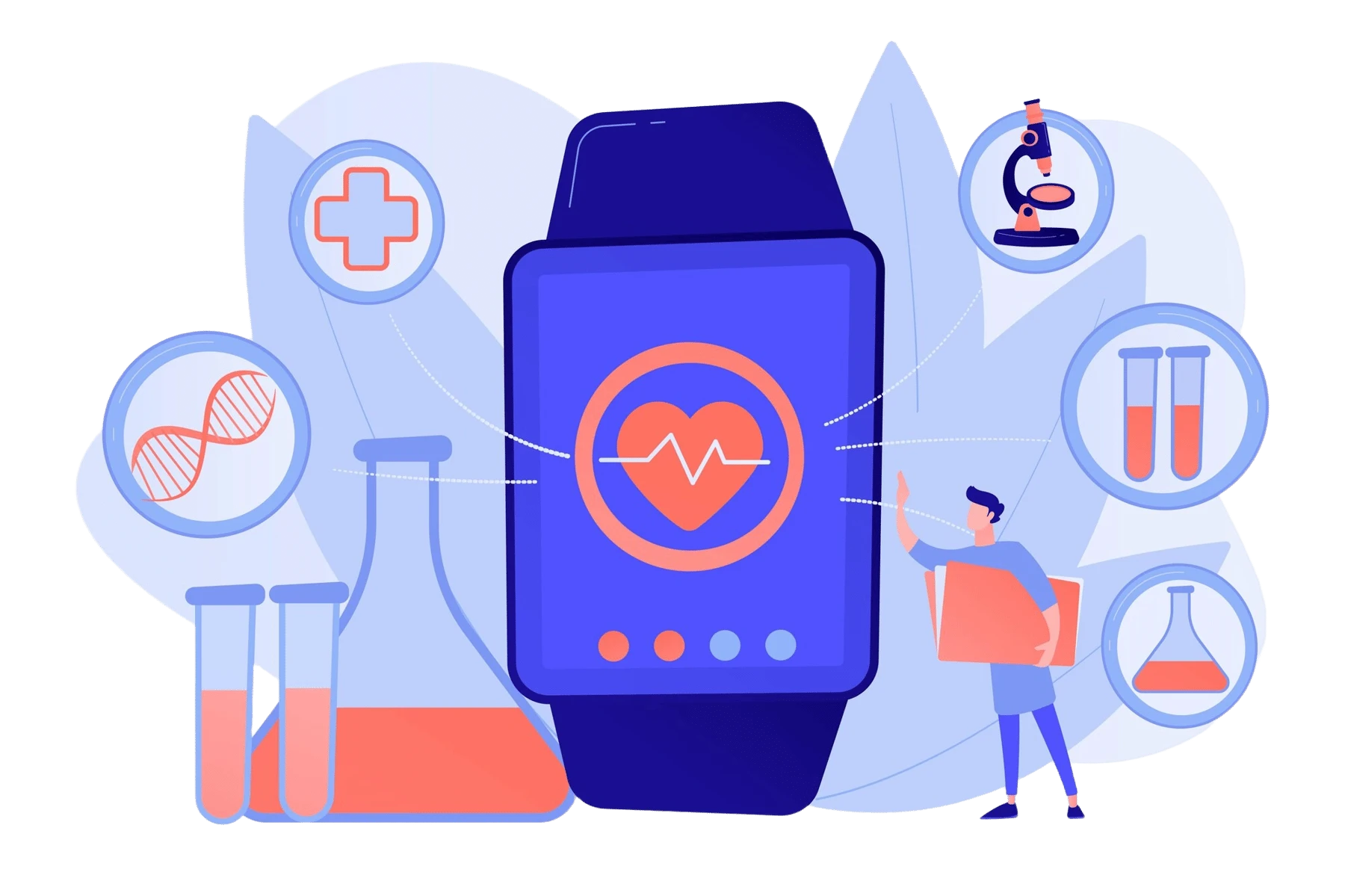 doctor-smartwatch-with-heart-medical-icons-smartwatch-health-tracker-health-monitor-activity-tracking-concept-pinkish-coral-bluevector-isolated-illustration